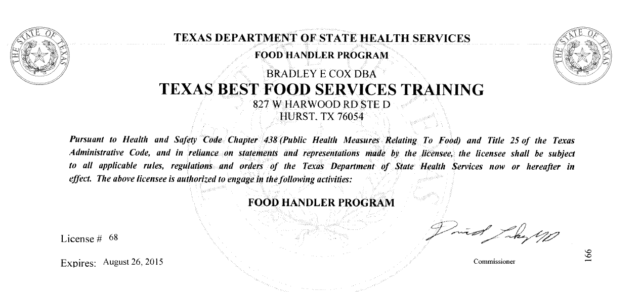 Food Handler License Texas Best Food Services Training LLC