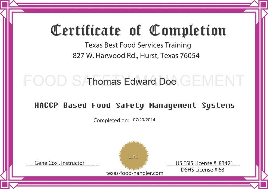haccp certificate Texas Best Food Services Training LLC
